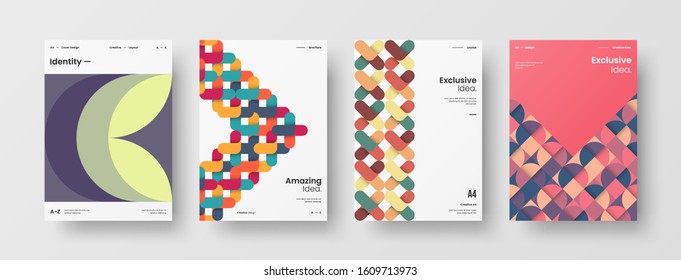 Business presentation vector A4 vertical orientation front page mock up set. Corporate report cover abstract geometric illustration design layout bundle. Company identity brochure template collection.