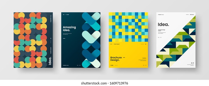 Business presentation vector A4 vertical orientation front page mock up set. Corporate report cover abstract geometric illustration design layout bundle. Company identity brochure template collection.