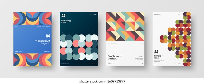 Business presentation vector A4 vertical orientation front page mock up set. Corporate report cover abstract geometric illustration design layout bundle. Company identity brochure template collection.