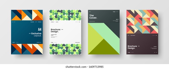 Business presentation vector A4 vertical orientation front page mock up set. Corporate report cover abstract geometric illustration design layout bundle. Company identity brochure template collection.
