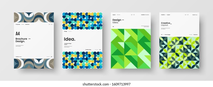 Business presentation vector A4 vertical orientation front page mock up set. Corporate report cover abstract geometric illustration design layout bundle. Company identity brochure template collection.