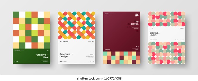 Business presentation vector A4 vertical orientation front page mock up set. Corporate report cover abstract geometric illustration design layout bundle. Company identity brochure template collection.