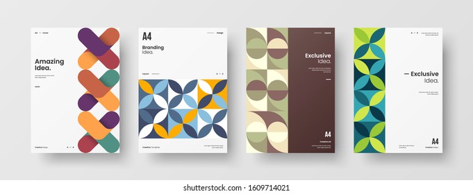 Business presentation vector A4 vertical orientation front page mock up set. Corporate report cover abstract geometric illustration design layout bundle. Company identity brochure template collection.