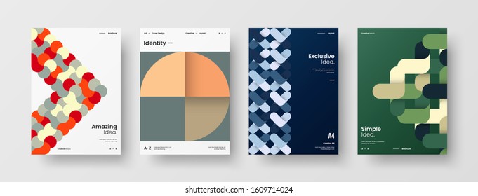 Business presentation vector A4 vertical orientation front page mock up set. Corporate report cover abstract geometric illustration design layout bundle. Company identity brochure template collection.