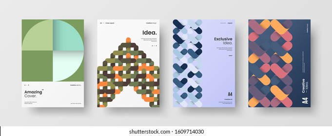 Business presentation vector A4 vertical orientation front page mock up set. Corporate report cover abstract geometric illustration design layout bundle. Company identity brochure template collection.