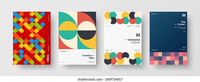 Business presentation vector A4 vertical orientation front page mock up set. Corporate report cover abstract geometric illustration design layout bundle. Company identity brochure template collection.