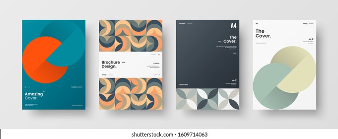 Business presentation vector A4 vertical orientation front page mock up set. Corporate report cover abstract geometric illustration design layout bundle. Company identity brochure template collection.