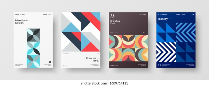 Business presentation vector A4 vertical orientation front page mock up set. Corporate report cover abstract geometric illustration design layout bundle. Company identity brochure template collection.