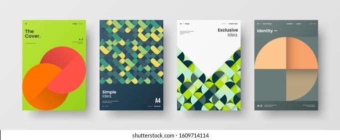 Business presentation vector A4 vertical orientation front page mock up set. Corporate report cover abstract geometric illustration design layout bundle. Company identity brochure template collection.