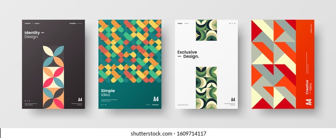 Business presentation vector A4 vertical orientation front page mock up set. Corporate report cover abstract geometric illustration design layout bundle. Company identity brochure template collection.