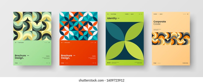 Business presentation vector A4 vertical orientation front page mock up set. Corporate report cover abstract geometric illustration design layout bundle. Company identity brochure template collection.