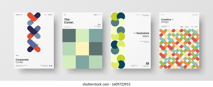 Business presentation vector A4 vertical orientation front page mock up set. Corporate report cover abstract geometric illustration design layout bundle. Company identity brochure template collection.