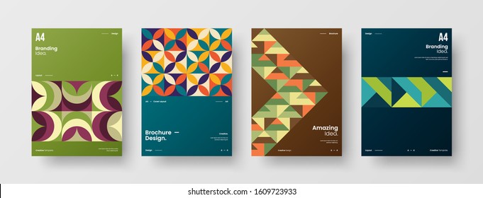 Business presentation vector A4 vertical orientation front page mock up set. Corporate report cover abstract geometric illustration design layout bundle. Company identity brochure template collection.