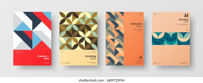 Business presentation vector A4 vertical orientation front page mock up set. Corporate report cover abstract geometric illustration design layout bundle. Company identity brochure template collection.