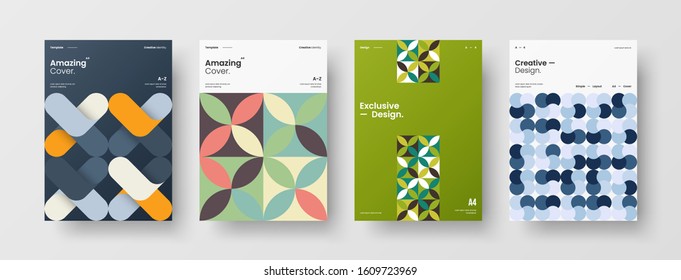 Business presentation vector A4 vertical orientation front page mock up set. Corporate report cover abstract geometric illustration design layout bundle. Company identity brochure template collection.