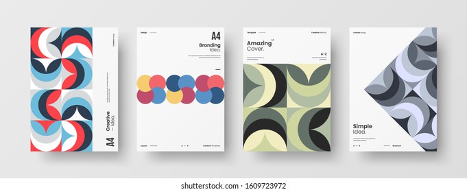 Business presentation vector A4 vertical orientation front page mock up set. Corporate report cover abstract geometric illustration design layout bundle. Company identity brochure template collection.