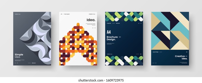 Business presentation vector A4 vertical orientation front page mock up set. Corporate report cover abstract geometric illustration design layout bundle. Company identity brochure template collection.