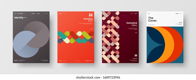 Business presentation vector A4 vertical orientation front page mock up set. Corporate report cover abstract geometric illustration design layout bundle. Company identity brochure template collection.