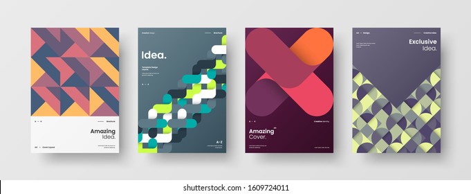 Business presentation vector A4 vertical orientation front page mock up set. Corporate report cover abstract geometric illustration design layout bundle. Company identity brochure template collection.