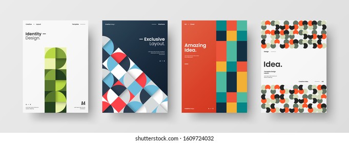 Business presentation vector A4 vertical orientation front page mock up set. Corporate report cover abstract geometric illustration design layout bundle. Company identity brochure template collection.