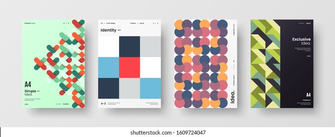 Business presentation vector A4 vertical orientation front page mock up set. Corporate report cover abstract geometric illustration design layout bundle. Company identity brochure template collection.