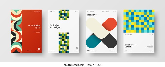 Business presentation vector A4 vertical orientation front page mock up set. Corporate report cover abstract geometric illustration design layout bundle. Company identity brochure template collection.