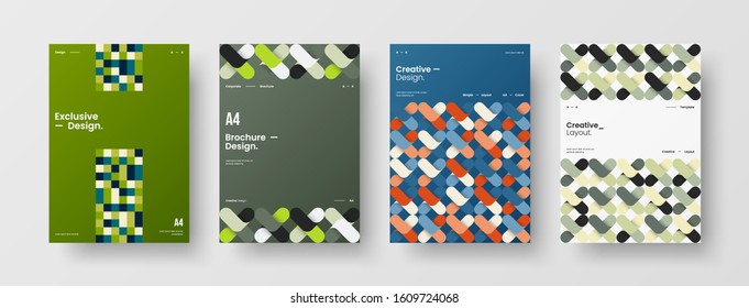 Business presentation vector A4 vertical orientation front page mock up set. Corporate report cover abstract geometric illustration design layout bundle. Company identity brochure template collection.