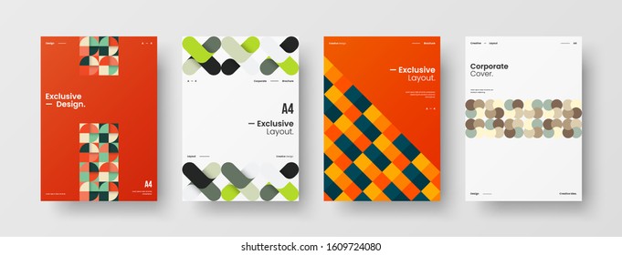 Business presentation vector A4 vertical orientation front page mock up set. Corporate report cover abstract geometric illustration design layout bundle. Company identity brochure template collection.