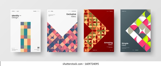 Business presentation vector A4 vertical orientation front page mock up set. Corporate report cover abstract geometric illustration design layout bundle. Company identity brochure template collection.