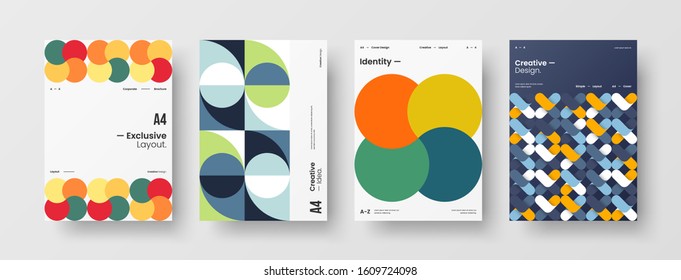 Business presentation vector A4 vertical orientation front page mock up set. Corporate report cover abstract geometric illustration design layout bundle. Company identity brochure template collection.