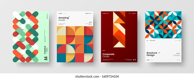 Business presentation vector A4 vertical orientation front page mock up set. Corporate report cover abstract geometric illustration design layout bundle. Company identity brochure template collection.