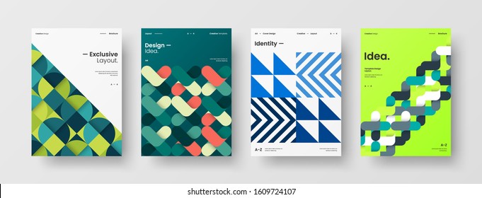 Business presentation vector A4 vertical orientation front page mock up set. Corporate report cover abstract geometric illustration design layout bundle. Company identity brochure template collection.