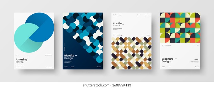 Business presentation vector A4 vertical orientation front page mock up set. Corporate report cover abstract geometric illustration design layout bundle. Company identity brochure template collection.