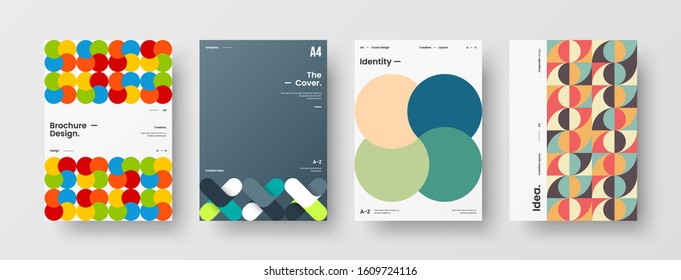 Business presentation vector A4 vertical orientation front page mock up set. Corporate report cover abstract geometric illustration design layout bundle. Company identity brochure template collection.