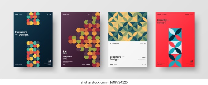 Business presentation vector A4 vertical orientation front page mock up set. Corporate report cover abstract geometric illustration design layout bundle. Company identity brochure template collection.