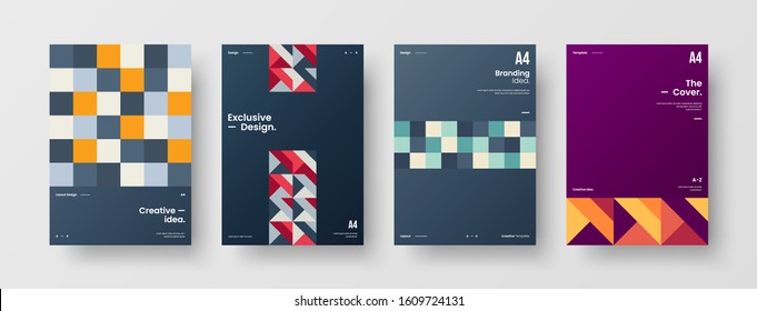 Business presentation vector A4 vertical orientation front page mock up set. Corporate report cover abstract geometric illustration design layout bundle. Company identity brochure template collection.