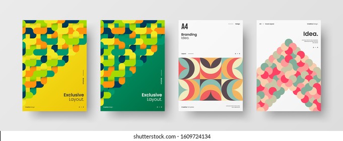 Business presentation vector A4 vertical orientation front page mock up set. Corporate report cover abstract geometric illustration design layout bundle. Company identity brochure template collection.
