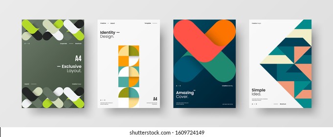 Business presentation vector A4 vertical orientation front page mock up set. Corporate report cover abstract geometric illustration design layout bundle. Company identity brochure template collection.