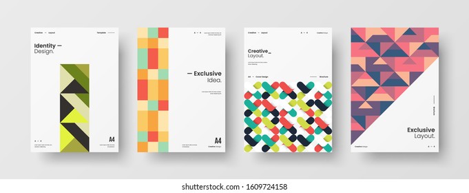 Business presentation vector A4 vertical orientation front page mock up set. Corporate report cover abstract geometric illustration design layout bundle. Company identity brochure template collection.