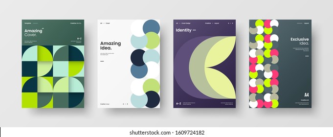 Business presentation vector A4 vertical orientation front page mock up set. Corporate report cover abstract geometric illustration design layout bundle. Company identity brochure template collection.