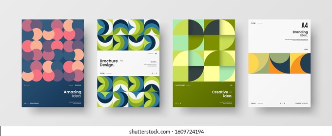 Business presentation vector A4 vertical orientation front page mock up set. Corporate report cover abstract geometric illustration design layout bundle. Company identity brochure template collection.