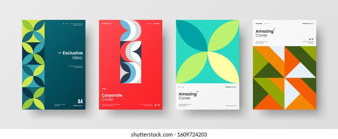 Business presentation vector A4 vertical orientation front page mock up set. Corporate report cover abstract geometric illustration design layout bundle. Company identity brochure template collection.