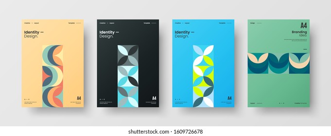 Business presentation vector A4 vertical orientation front page mock up set. Corporate report cover abstract geometric illustration design layout bundle. Company identity brochure template collection.