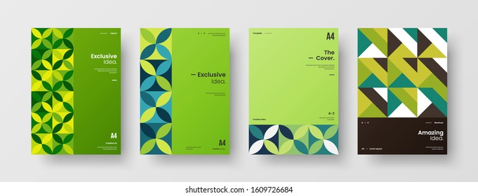 Business presentation vector A4 vertical orientation front page mock up set. Corporate report cover abstract geometric illustration design layout bundle. Company identity brochure template collection.