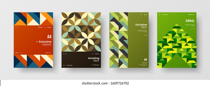 Business presentation vector A4 vertical orientation front page mock up set. Corporate report cover abstract geometric illustration design layout bundle. Company identity brochure template collection.