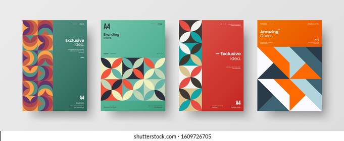 Business presentation vector A4 vertical orientation front page mock up set. Corporate report cover abstract geometric illustration design layout bundle. Company identity brochure template collection.