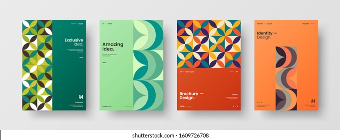 Business presentation vector A4 vertical orientation front page mock up set. Corporate report cover abstract geometric illustration design layout bundle. Company identity brochure template collection.