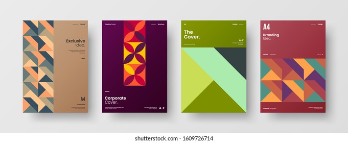 Business presentation vector A4 vertical orientation front page mock up set. Corporate report cover abstract geometric illustration design layout bundle. Company identity brochure template collection.