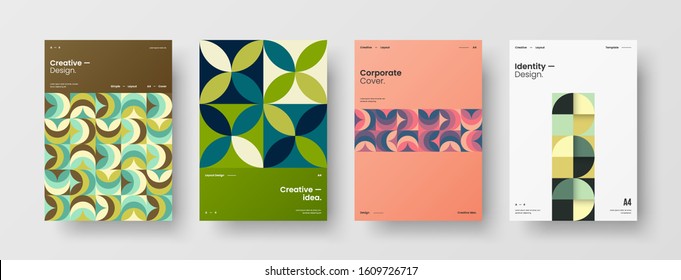 Business presentation vector A4 vertical orientation front page mock up set. Corporate report cover abstract geometric illustration design layout bundle. Company identity brochure template collection.