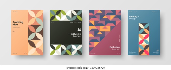 Business presentation vector A4 vertical orientation front page mock up set. Corporate report cover abstract geometric illustration design layout bundle. Company identity brochure template collection.